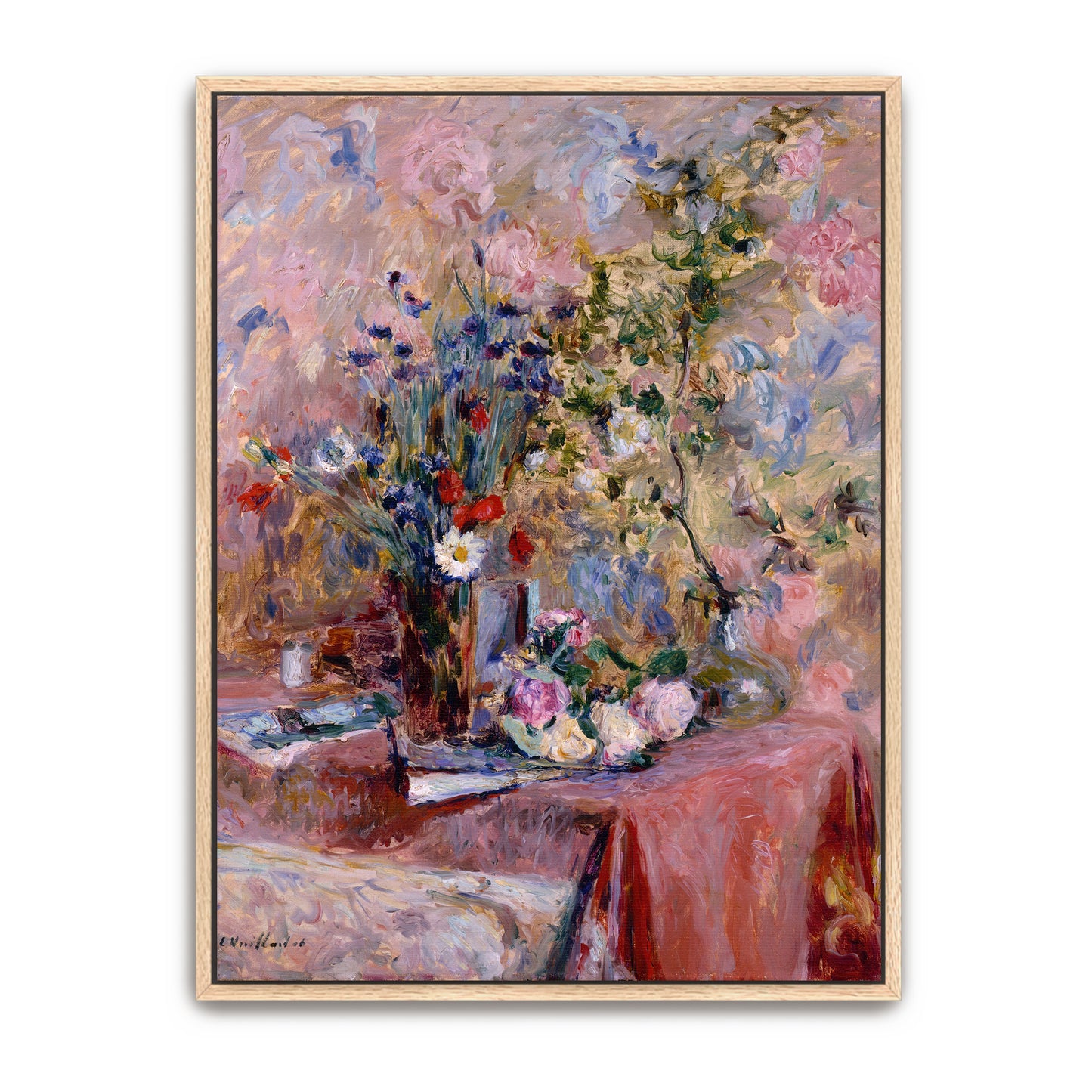 Flowers In Vase With Pink Tablecloth By Édouard Vuillard