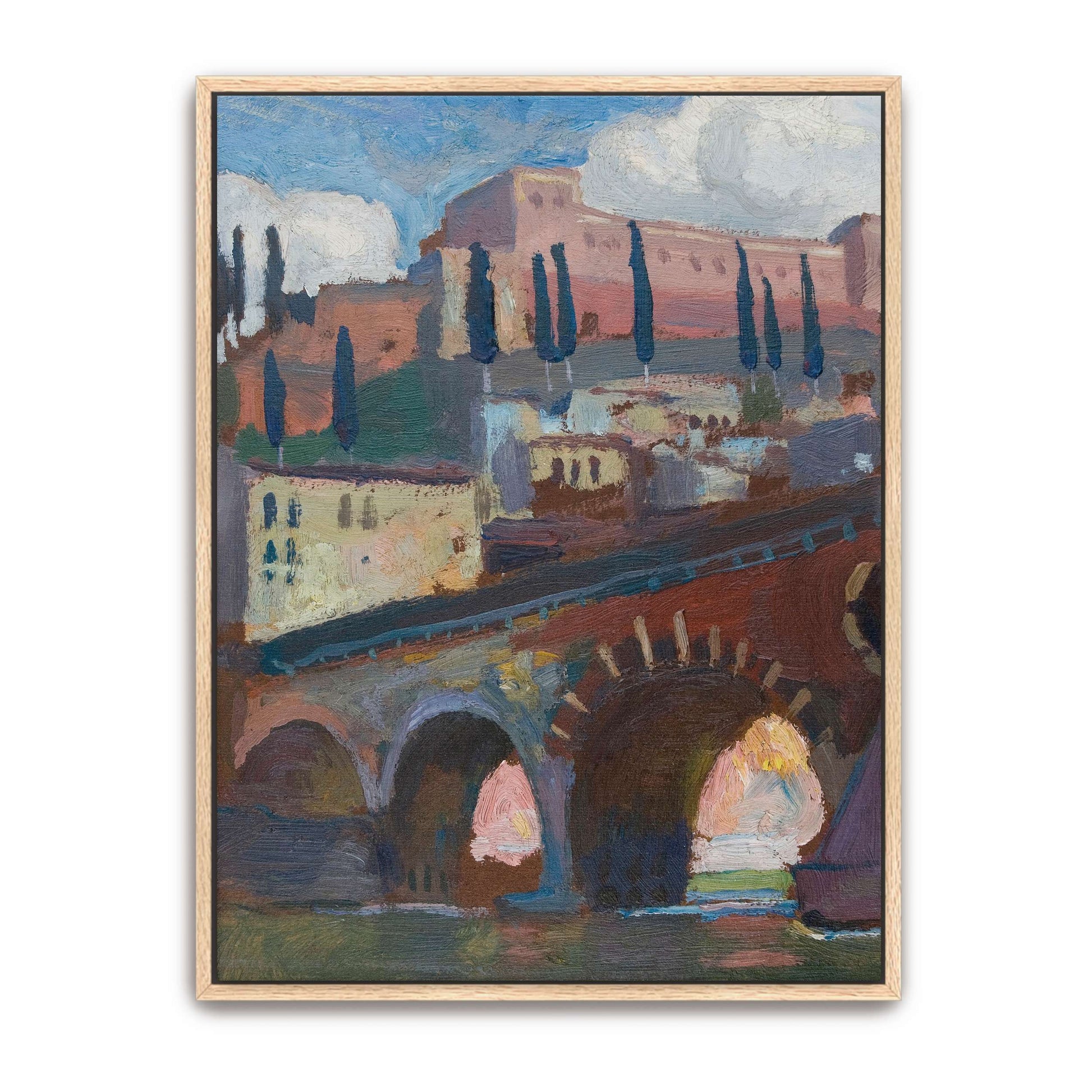 Cityscape with bridge and cypress trees by Jan Stanislawski