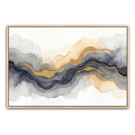 Gray and Beige Abstract Watercolor with Gold by Yara Rabibzad, natural oak framed canvas print