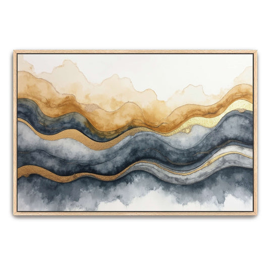Abstract Watercolor Landscape with Gold Accents by Yara Rabibzad, natural oak framed canvas print