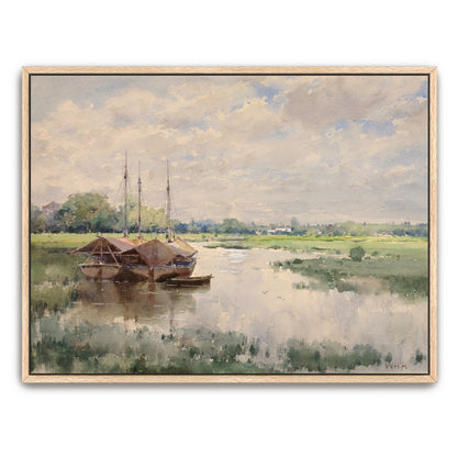 Calm River With Boats Under Cloudy Sky By William Henry Holmes