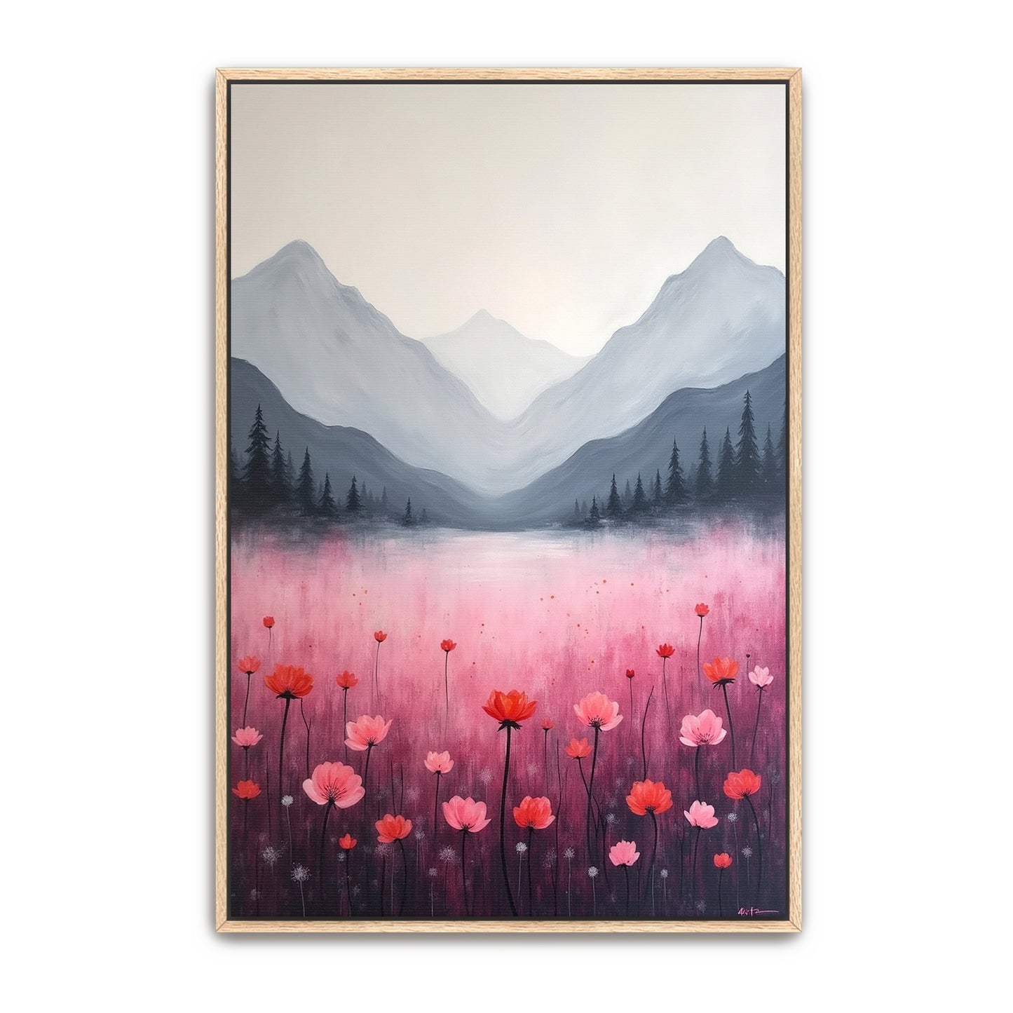 Mountain Landscape With Pink Flowers By Yara Rabibzad