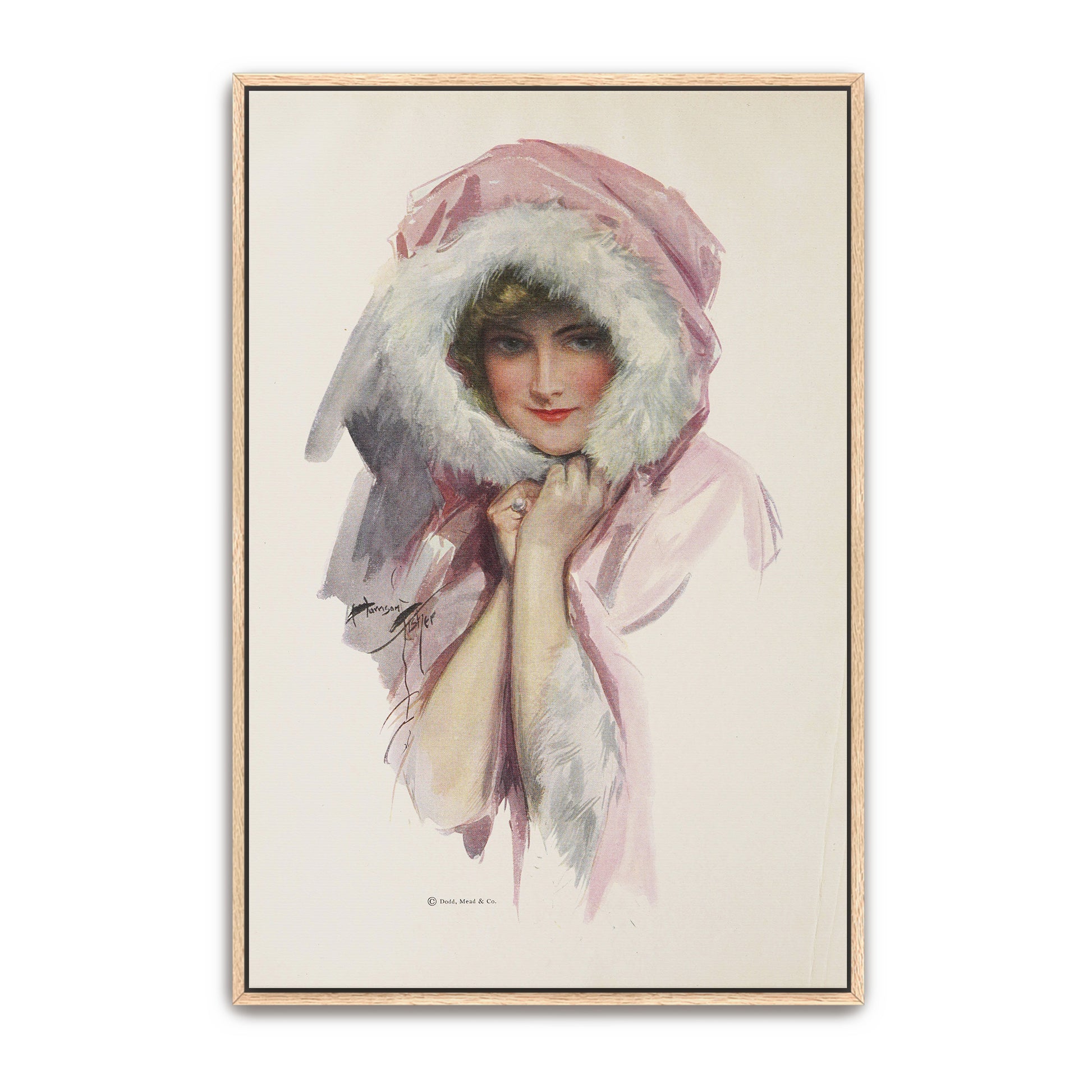 Woman In Pink Fur Hood, Romantic Portrait, Winter Fashion By Harrison Fisher