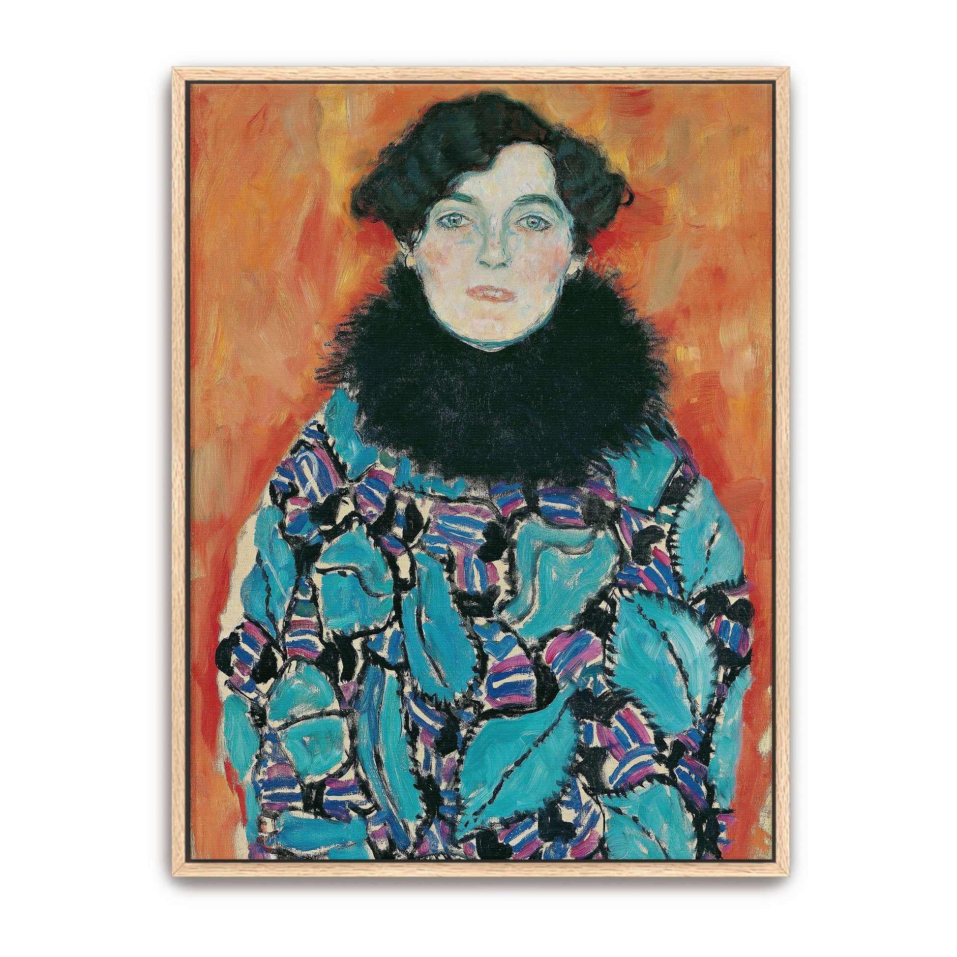 Portrait of a woman in a patterned dress by Gustav Klimt