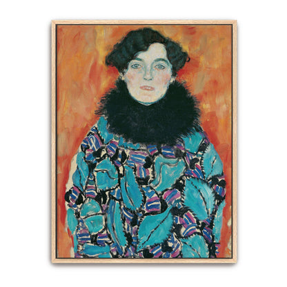 Portrait of a woman in a patterned dress by Gustav Klimt
