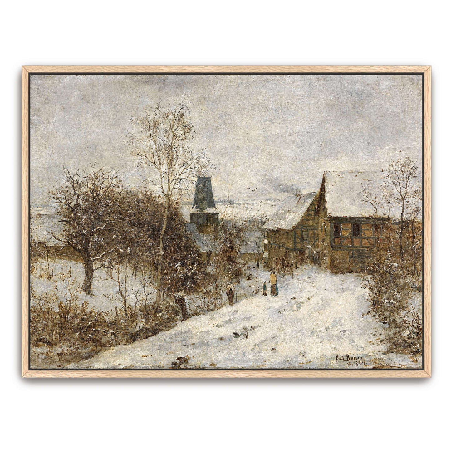 Snowy village scene with houses by Paul Baum