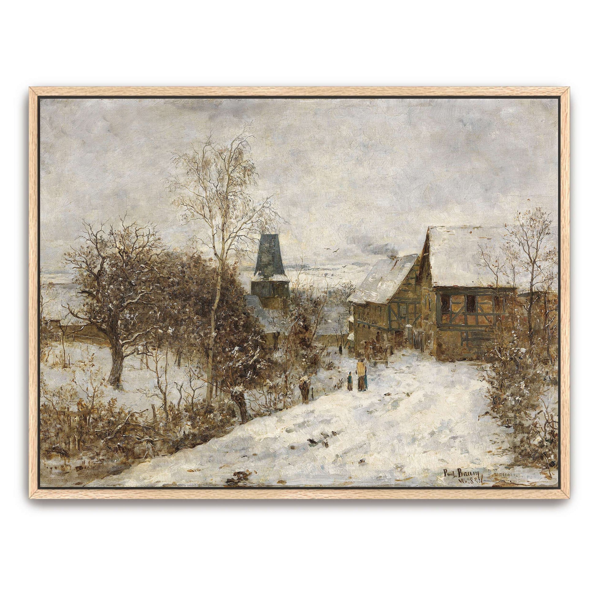 Snowy village scene with houses by Paul Baum