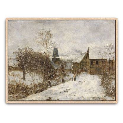 Snowy village scene with houses by Paul Baum