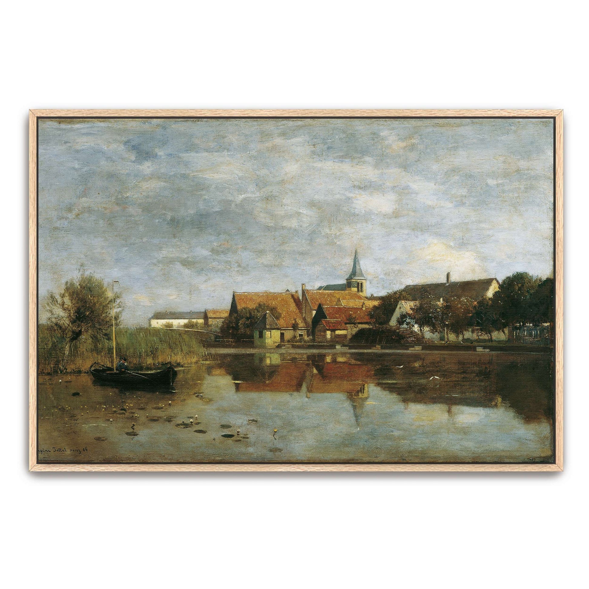A village by a lake with a boat by Eugen Jettel