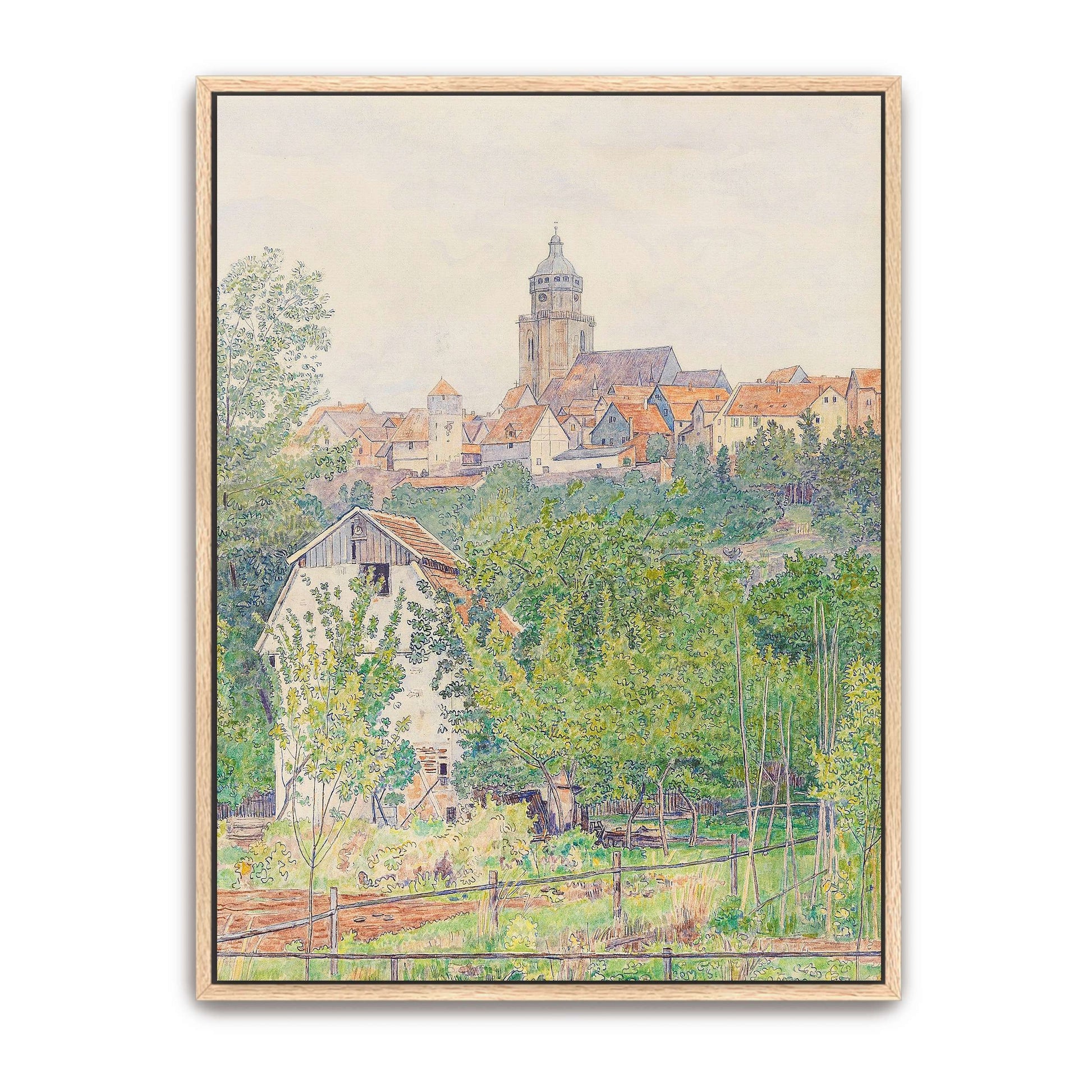 Village landscape with church tower by Paul Baum