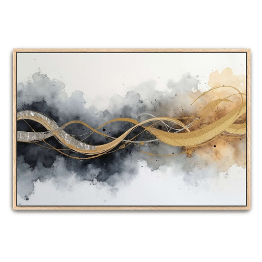 Abstract Watercolor with Gold and Silver Lines by Yara Rabibzad, natural oak framed canvas print
