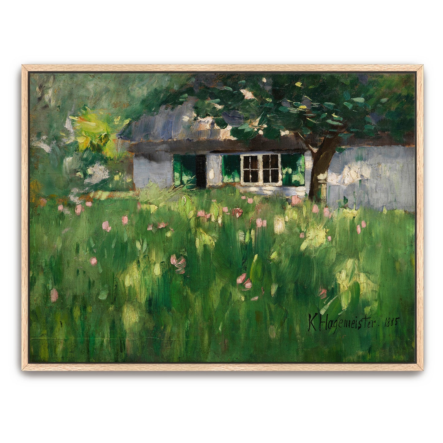 Countryside Cottage With Green Grass And Pink Flowers By Karl Hagemeister