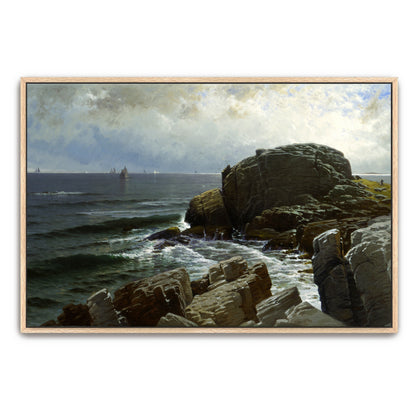 Coastal Rocks And Distant Sailboats Under Cloudy Sky By Alfred Thompson Bricher