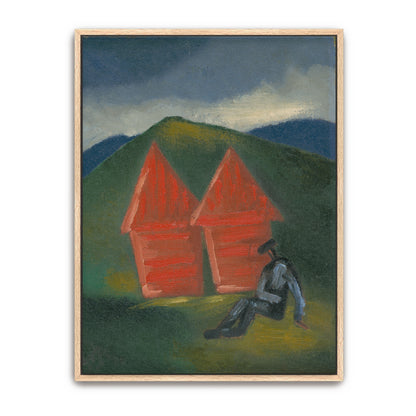 Two Red Barns And A Figure In A Green Landscape By Mikuláš Galanda