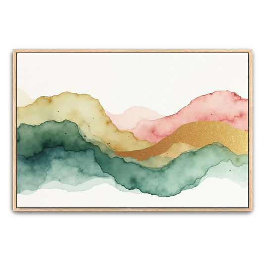 Abstract Landscape in Green, Pink and Gold Glitter by Yara Rabibzad, natural oak framed canvas print