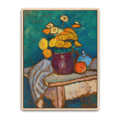 Still Life With Flowers, Fruit And Cloth On Table By Alexej Von Jawlensky