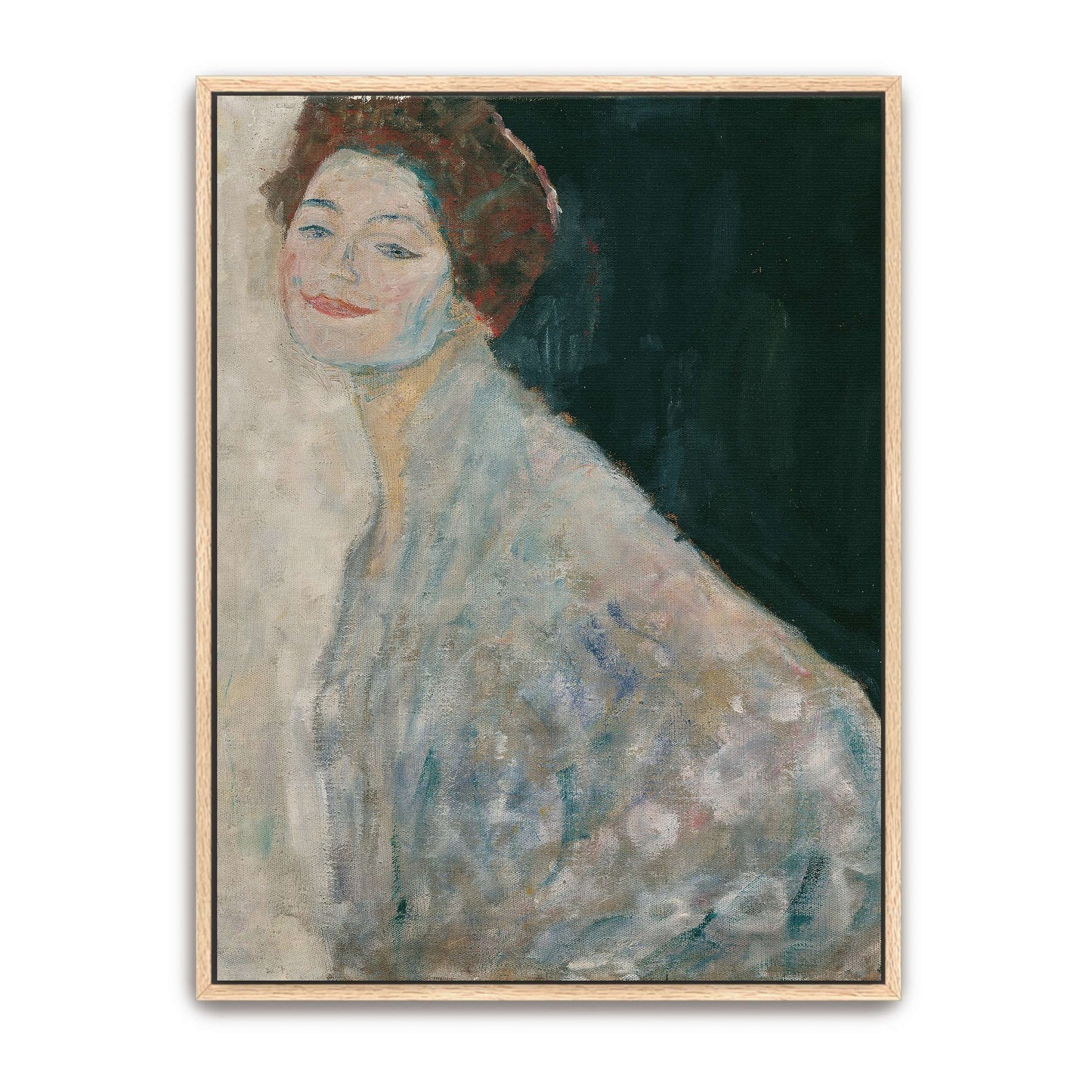 A woman in a white dress with a dark background by Gustav Klimt