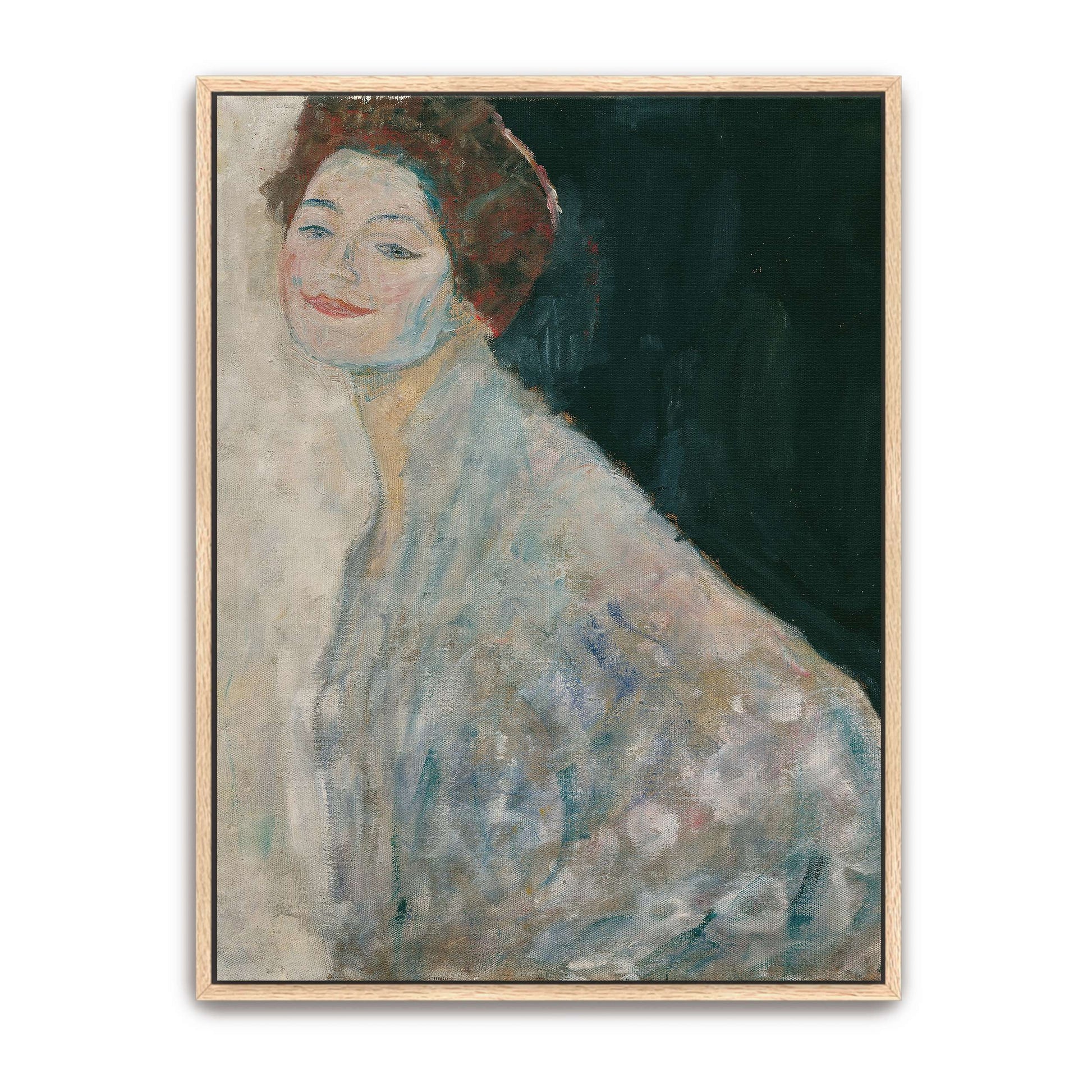 A woman in a white dress with a dark background by Gustav Klimt