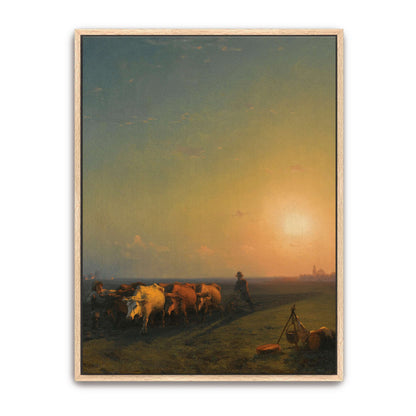 Sunset landscape with cows and farmers by Ivan Konstantinovich Aivazovsky
