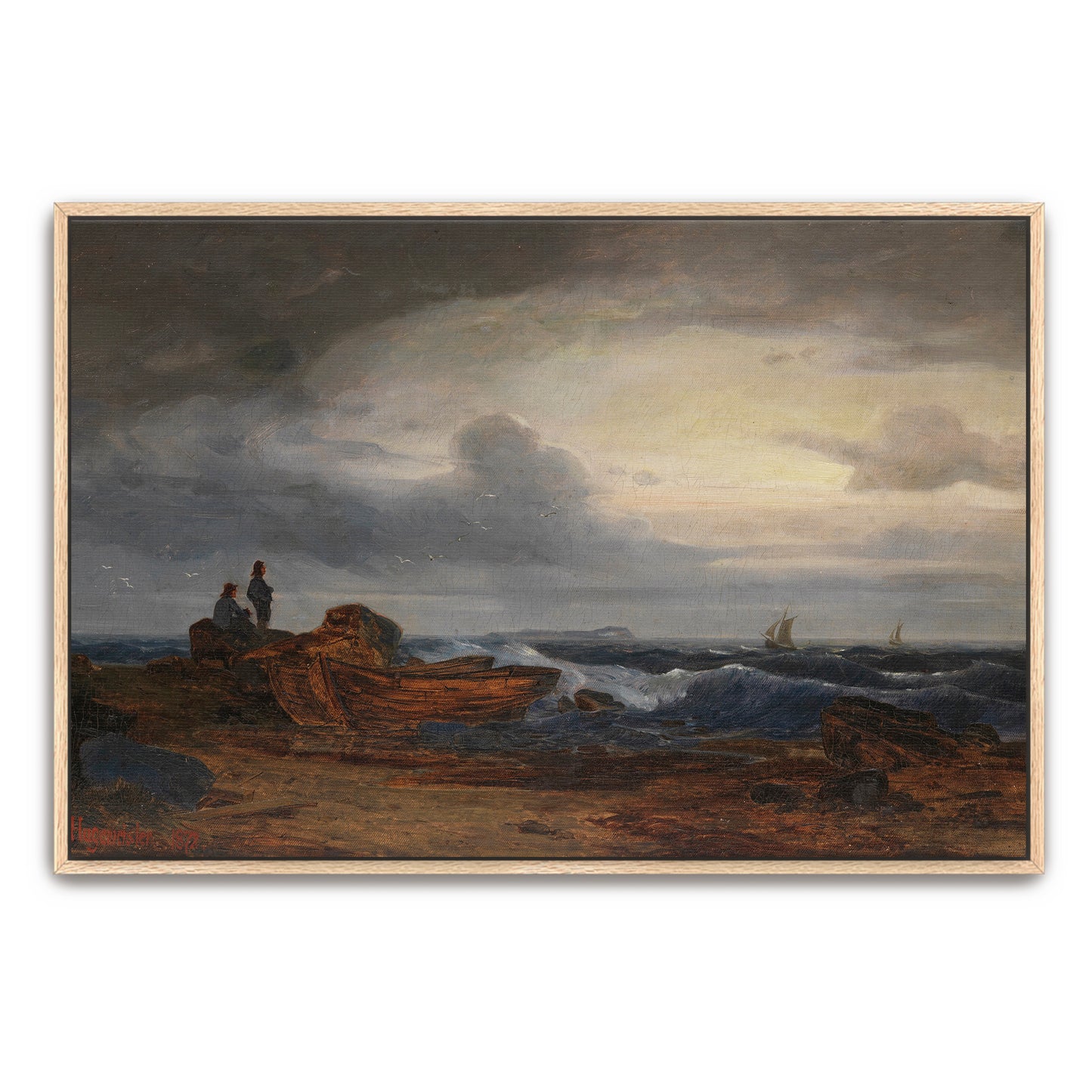 Two Figures On A Rocky Shore With Boats And A Distant Sailboat Under A Cloudy Sky By Karl Hagemeister