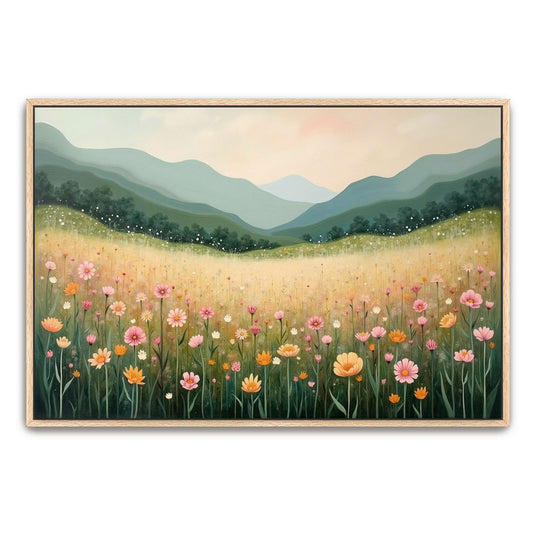 Mountain Meadow with Pink and Yellow Wildflowers by Yara Rabibzad, natural oak framed canvas print