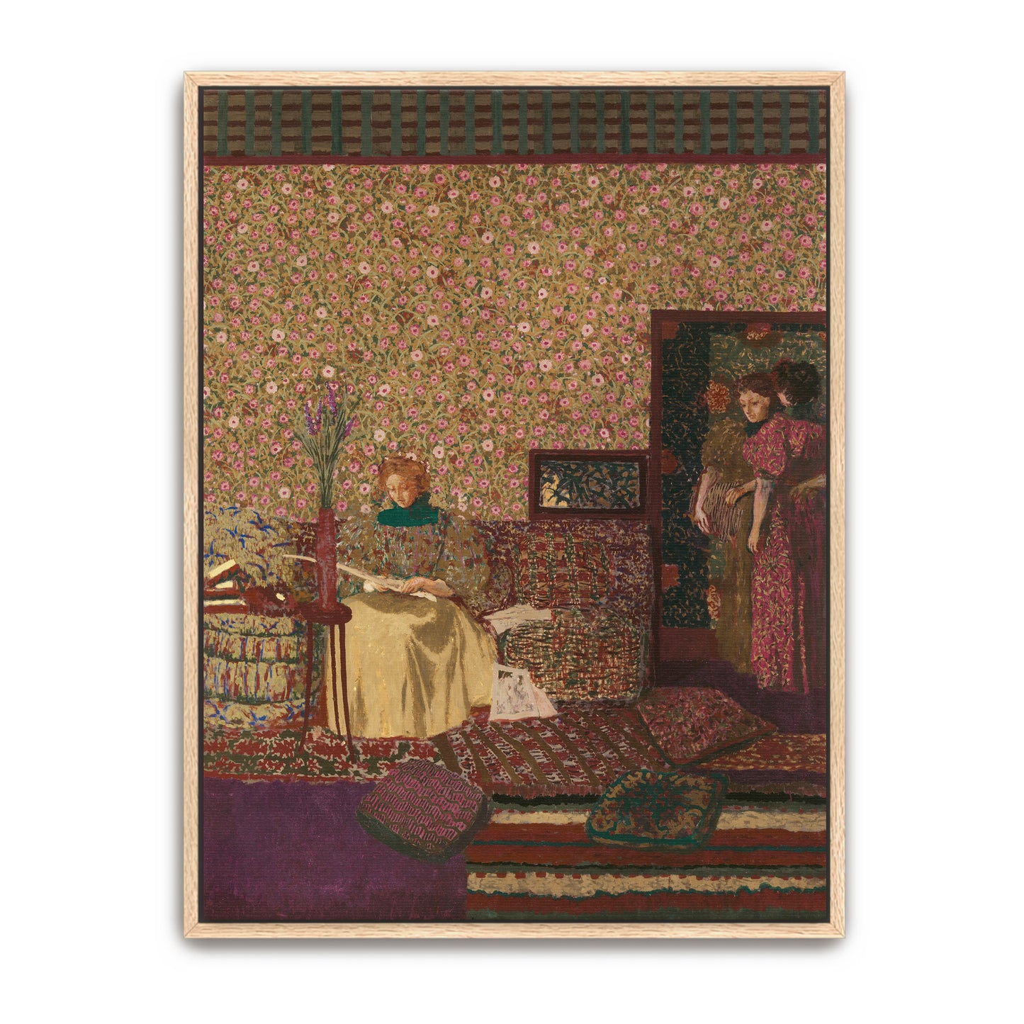 Interior Scene With Two Women Reading And A Floral Wallpaper By Édouard Vuillard