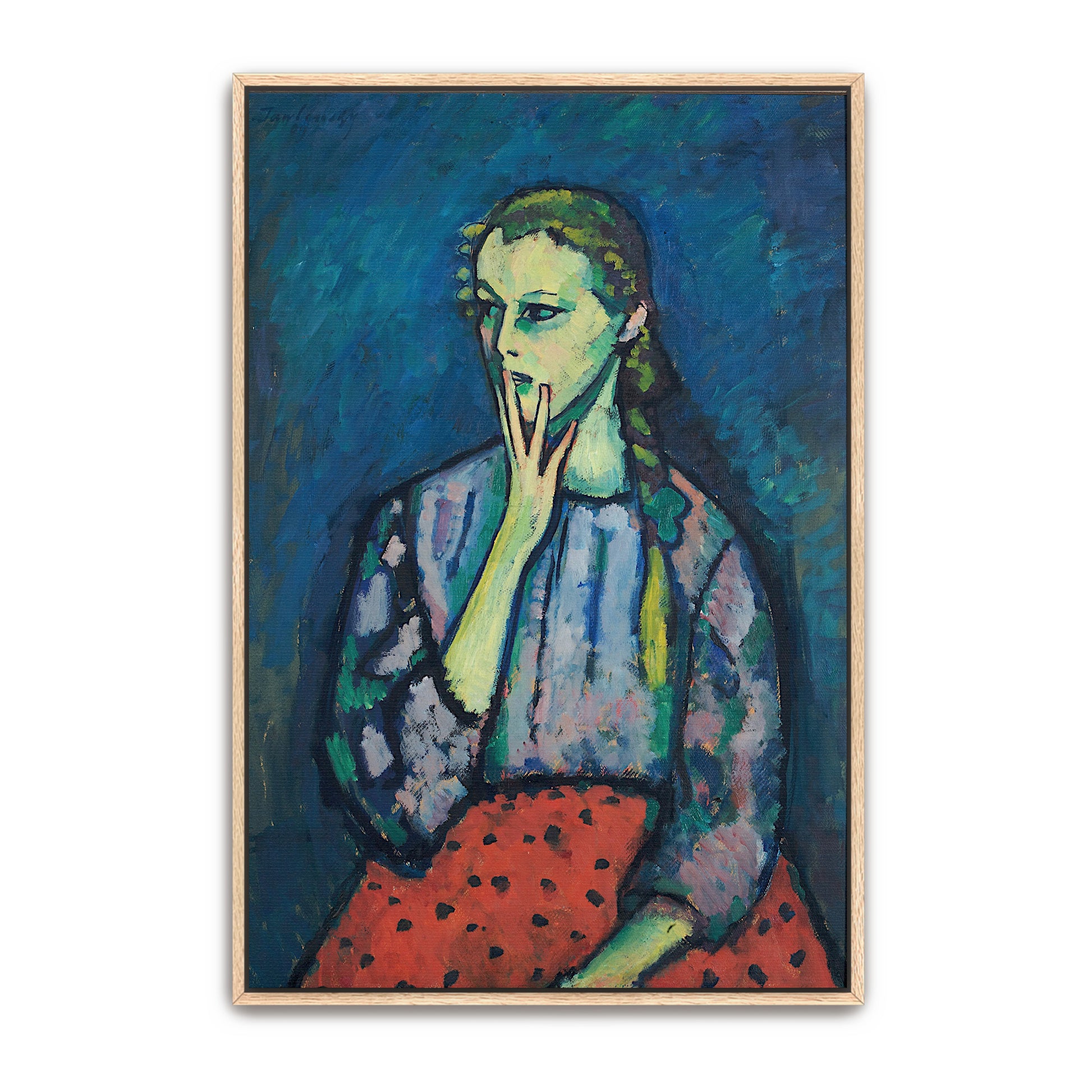 Girl With Hand To Chin, Blue Background, Red Polka Dot Dress By Alexej Von Jawlensky