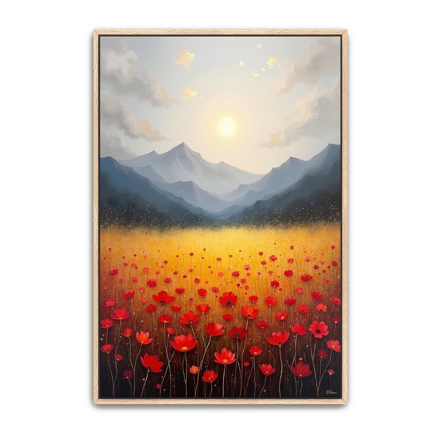 Golden Field Of Red Flowers Under A Mountain Range By Yara Rabibzad