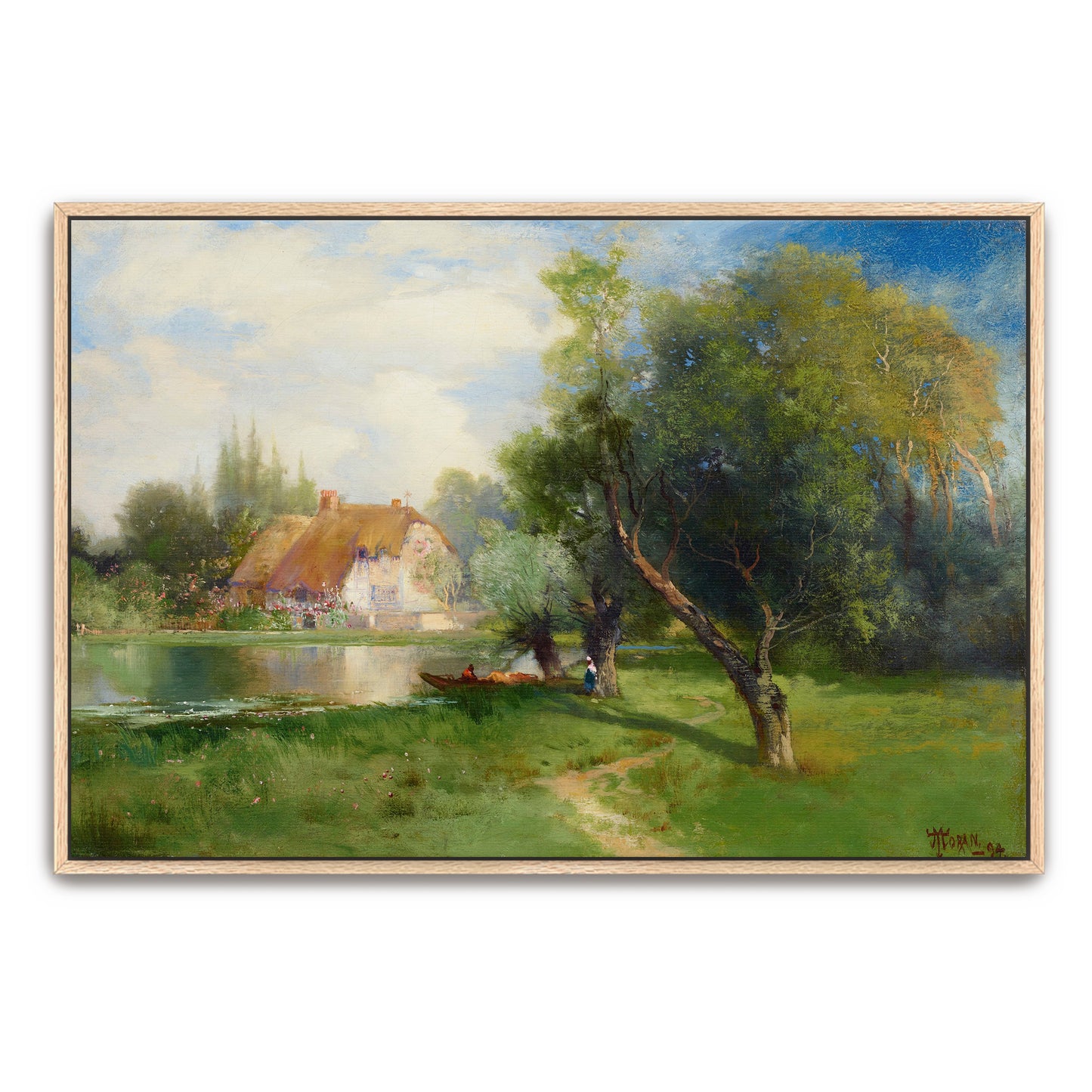 Cottage By A River, Lush Greenery, Tranquil Landscape By Thomas Moran