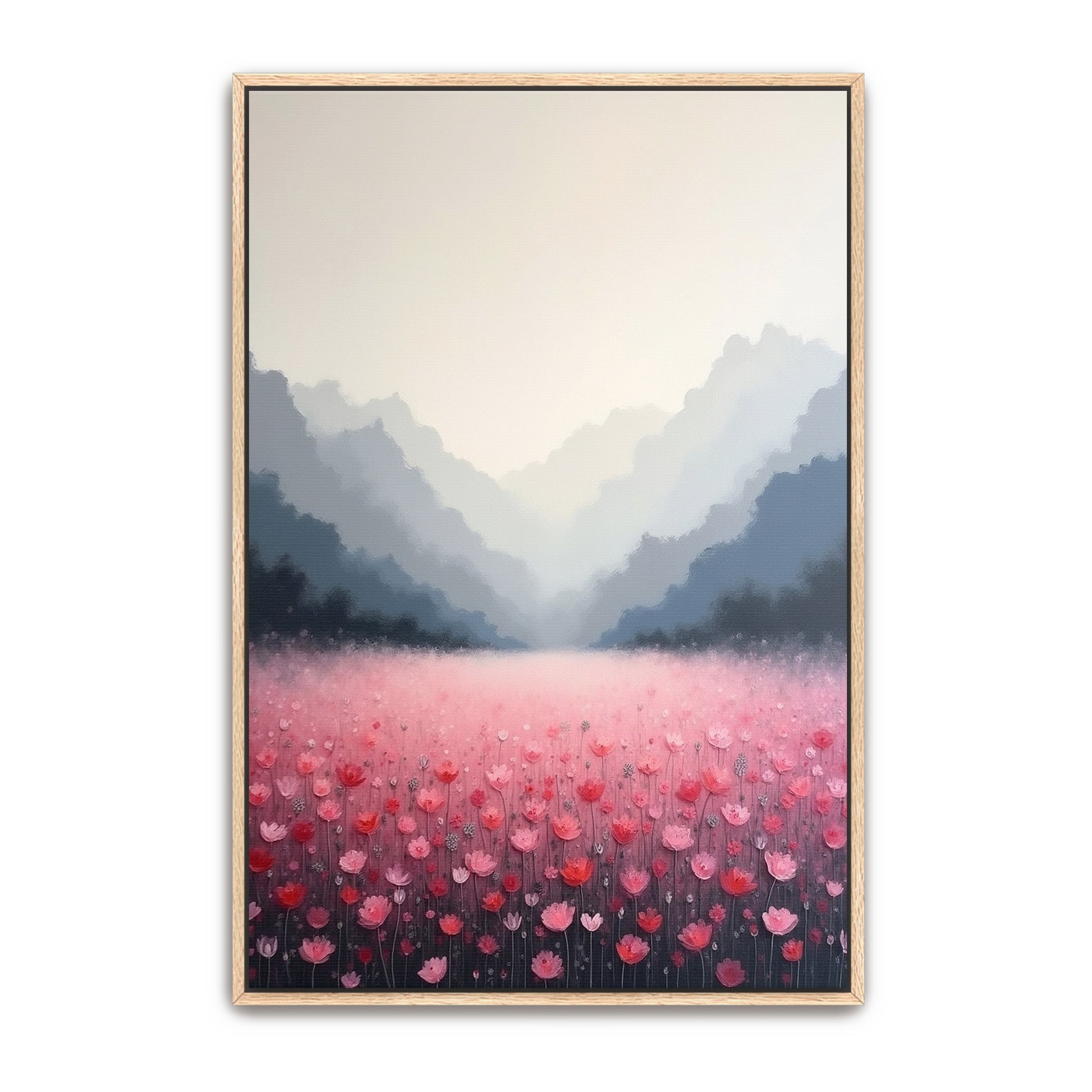 Pink Flower Field In Misty Mountains By Yara Rabibzad