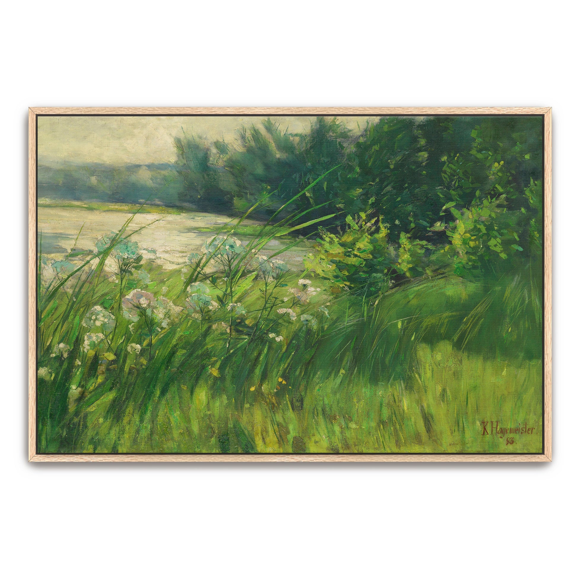 Lush Green Landscape With White Flowers Near A River By Karl Hagemeister