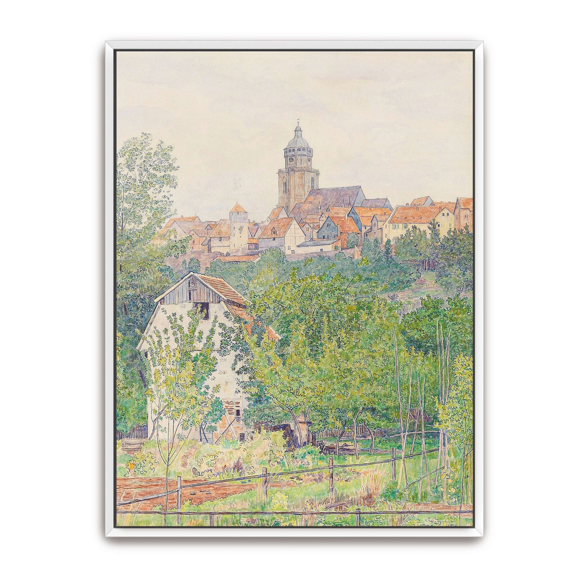 Village landscape with church tower by Paul Baum