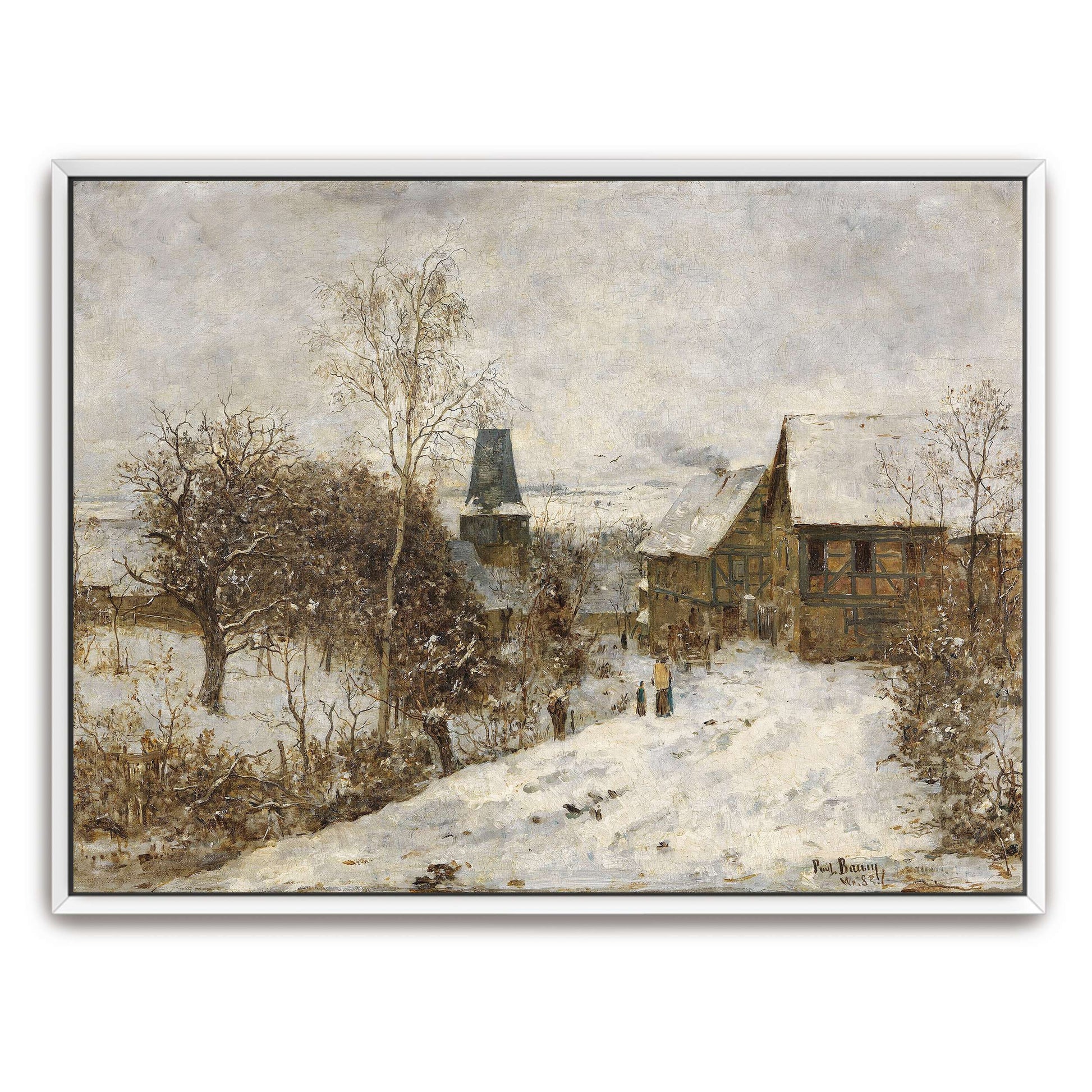 Snowy village scene with houses by Paul Baum