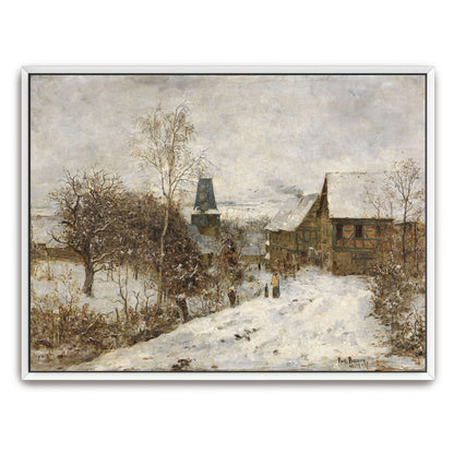 Snowy village scene with houses by Paul Baum