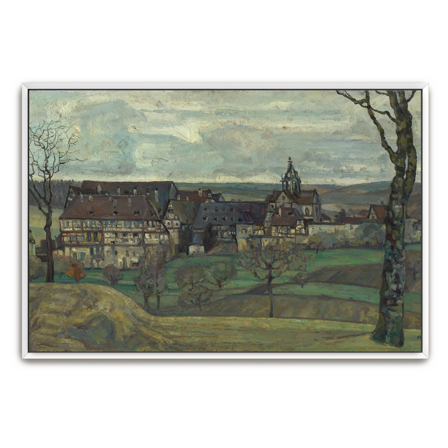 German Village Landscape, Cloudy Sky, Hills, Buildings, Trees By Adolf Hölzel