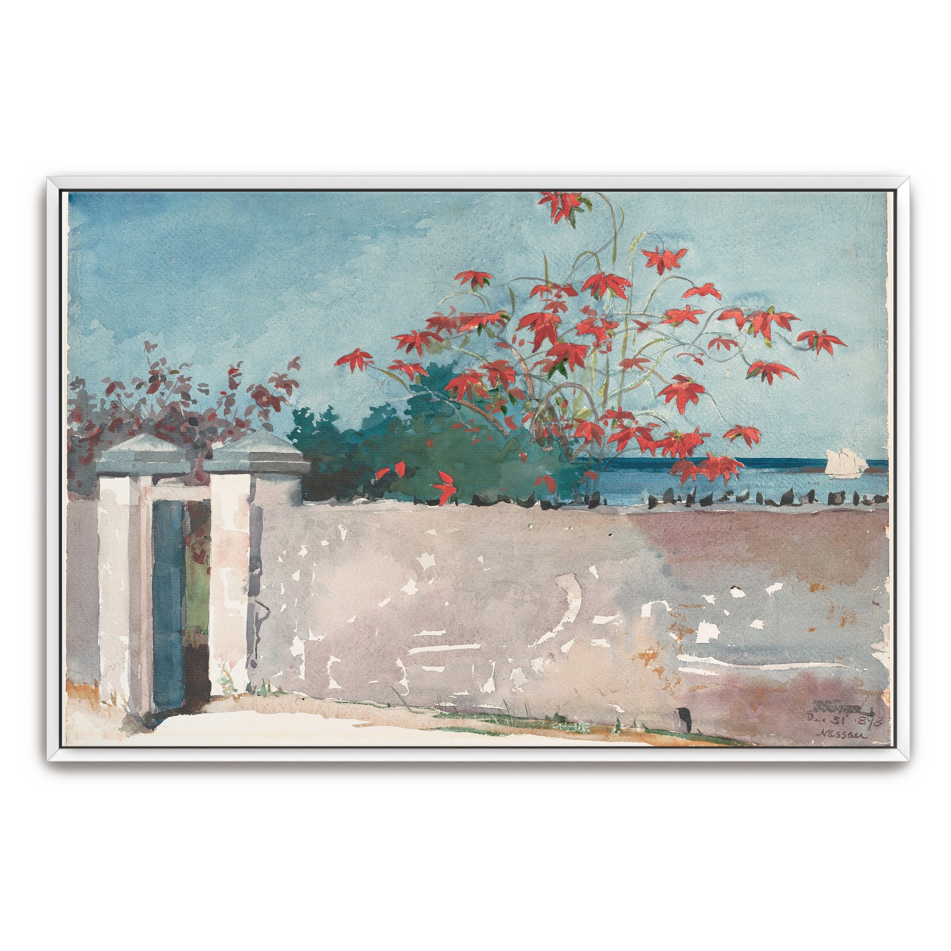 Red Flowers And Wall With Gate In Nassau By Winslow Homer