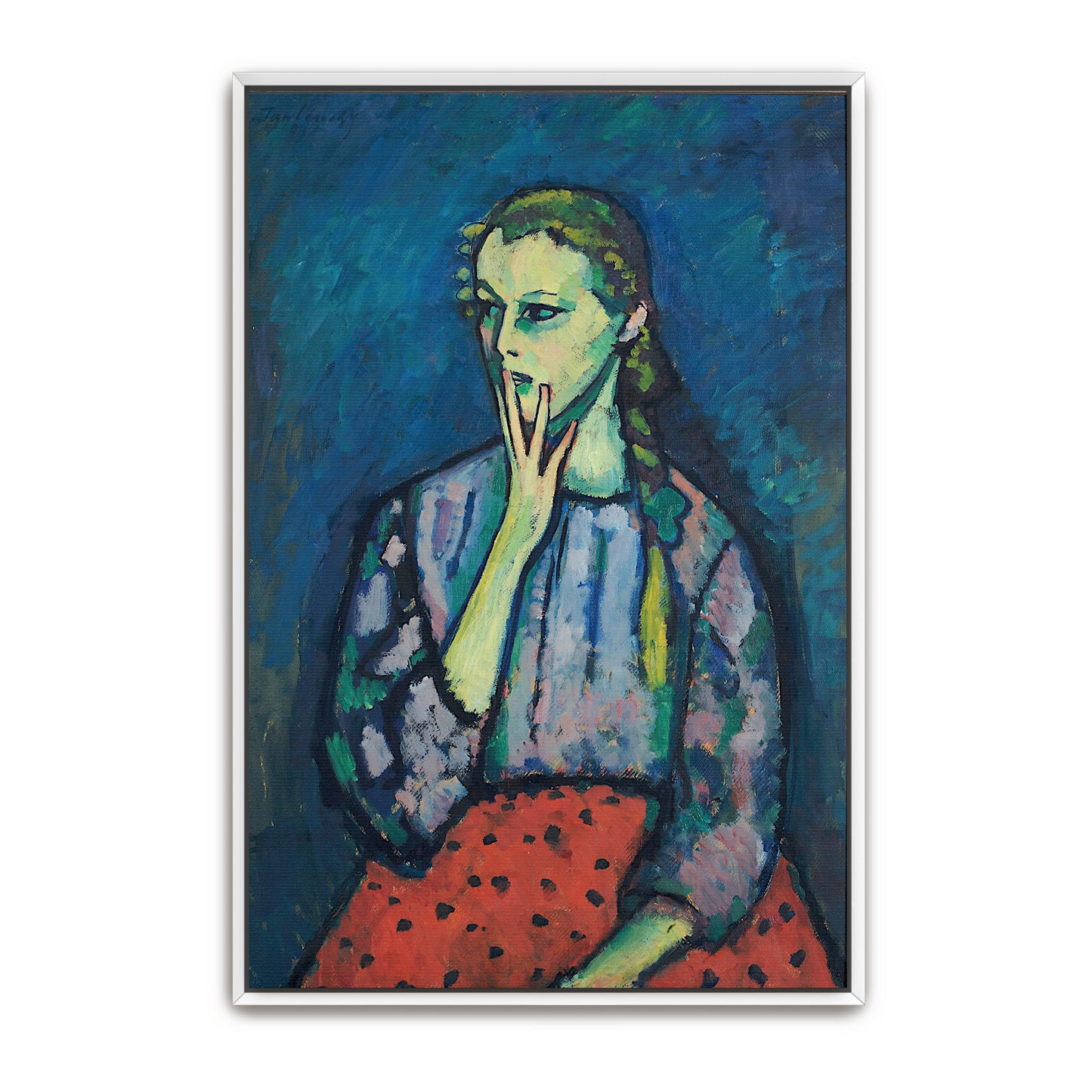 Girl With Hand To Chin, Blue Background, Red Polka Dot Dress By Alexej Von Jawlensky