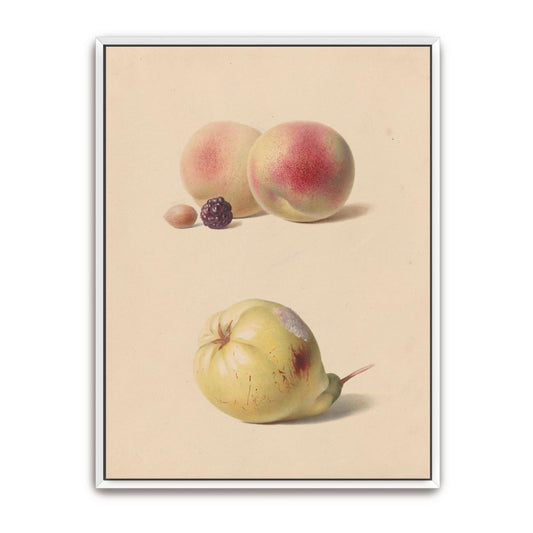Peach, Blackberry, Hazelnut and a Pear by Hendrik Reekers, white framed canvas print