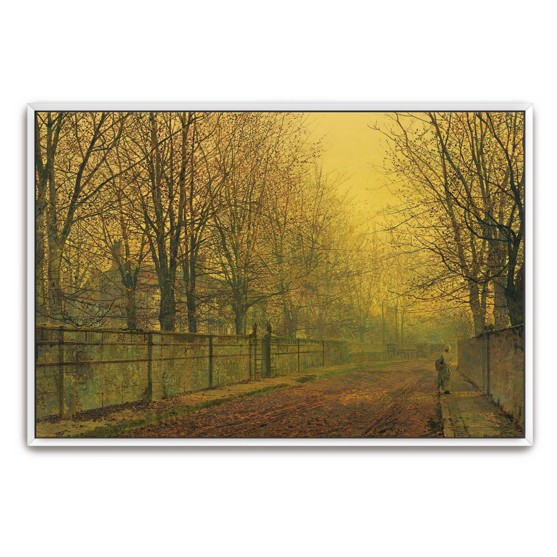 A Solitary Figure Walks Through A Golden Autumn Street By John Atkinson Grimshaw