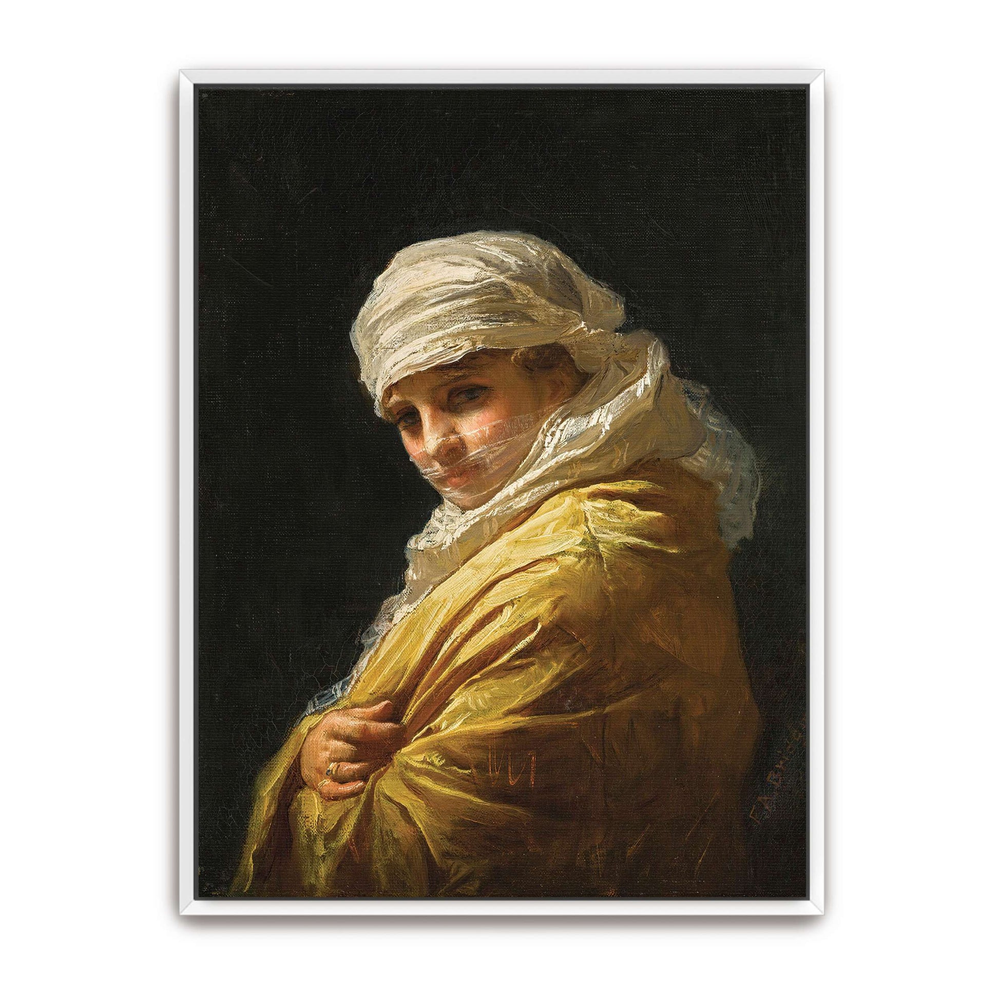 Woman in white turban and yellow shawl by Frederick Arthur Bridgman