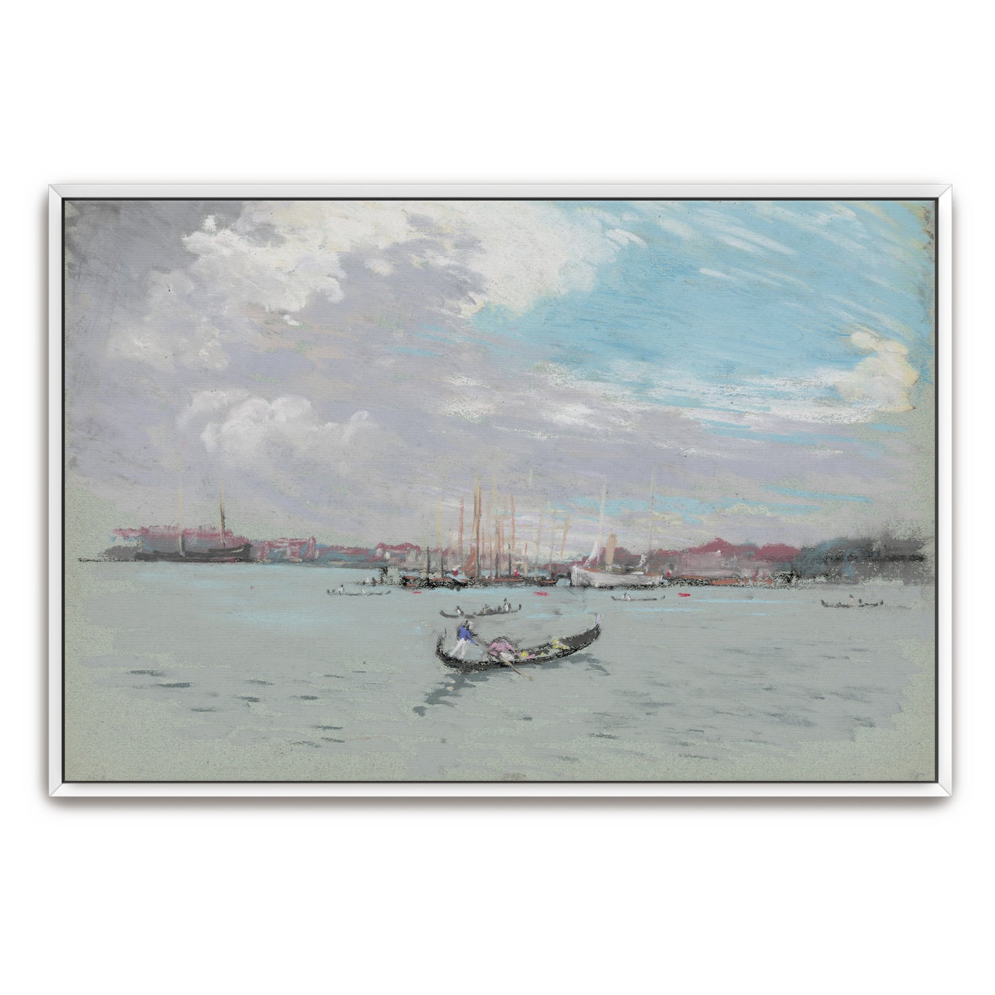 Gondola On Calm Water, Venice, With Boats And Buildings In Background By Joseph Pennell