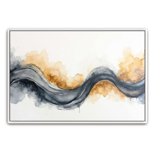 Abstract Watercolor Wave in Grey and Gold by Yara Rabibzad, white framed canvas print