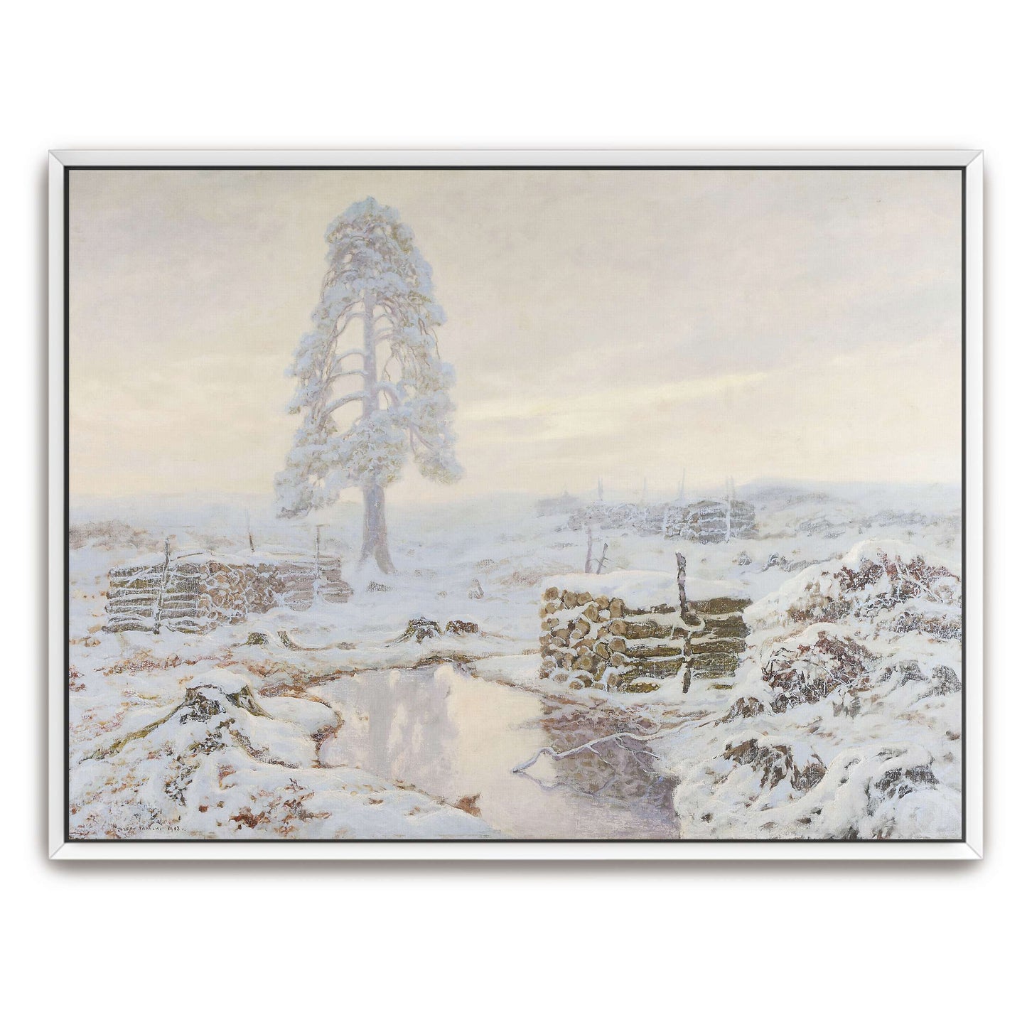 Snowy winter landscape with lone tree by Józef Rapacki