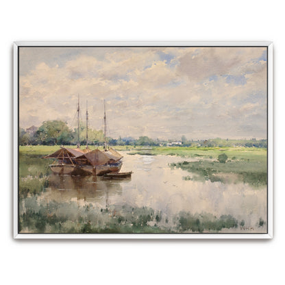 Calm River With Boats Under Cloudy Sky By William Henry Holmes