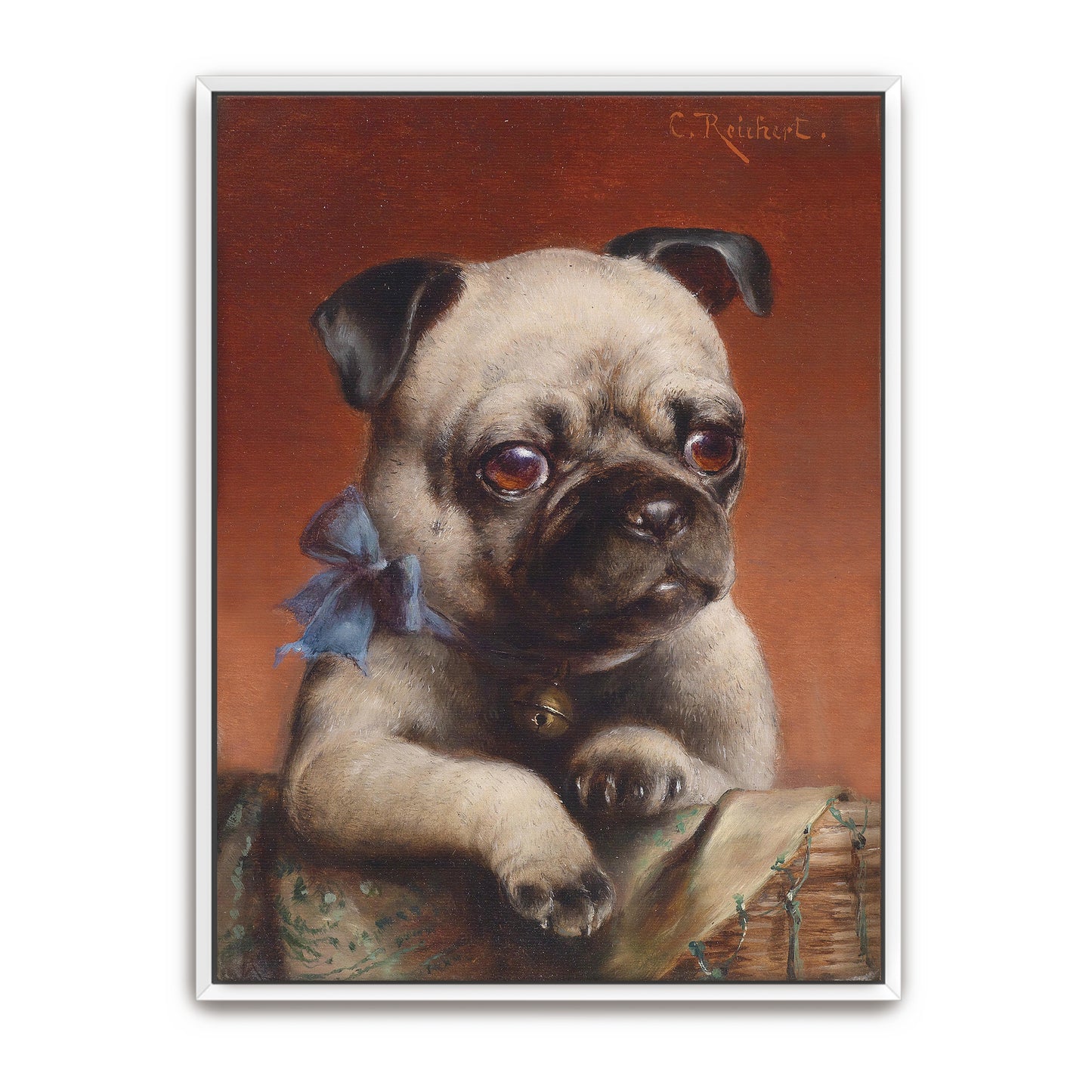 Portrait Of A Pug With A Blue Bow By Carl Reichert