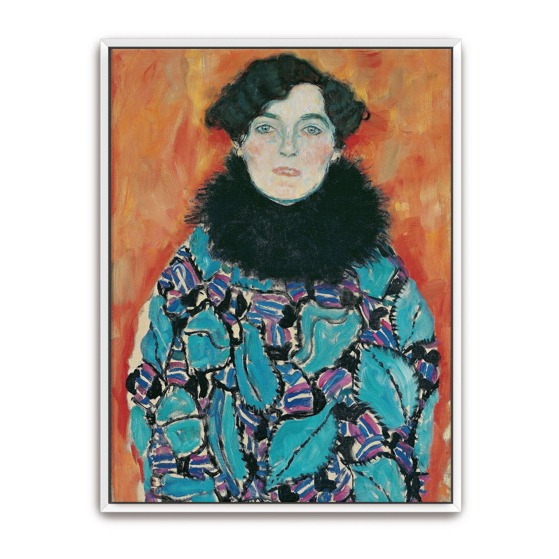 Portrait of a woman in a patterned dress by Gustav Klimt