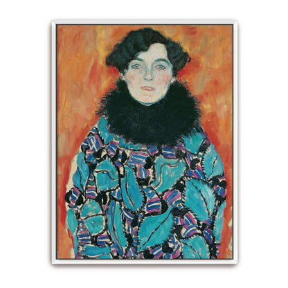 Portrait of a woman in a patterned dress by Gustav Klimt