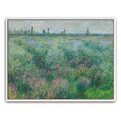 Riverbank Landscape With Green Trees And Pink Flowers By Claude Monet