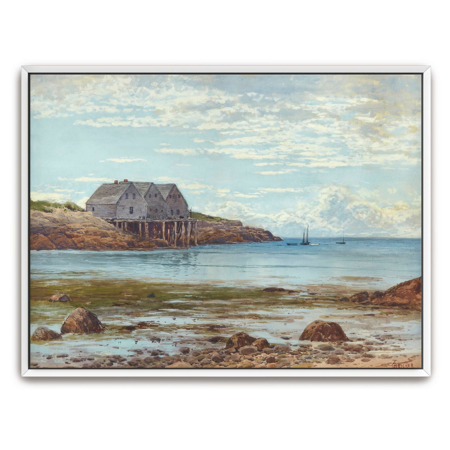 Coastal scene with houses on stilts by Alfred Thompson Bricher