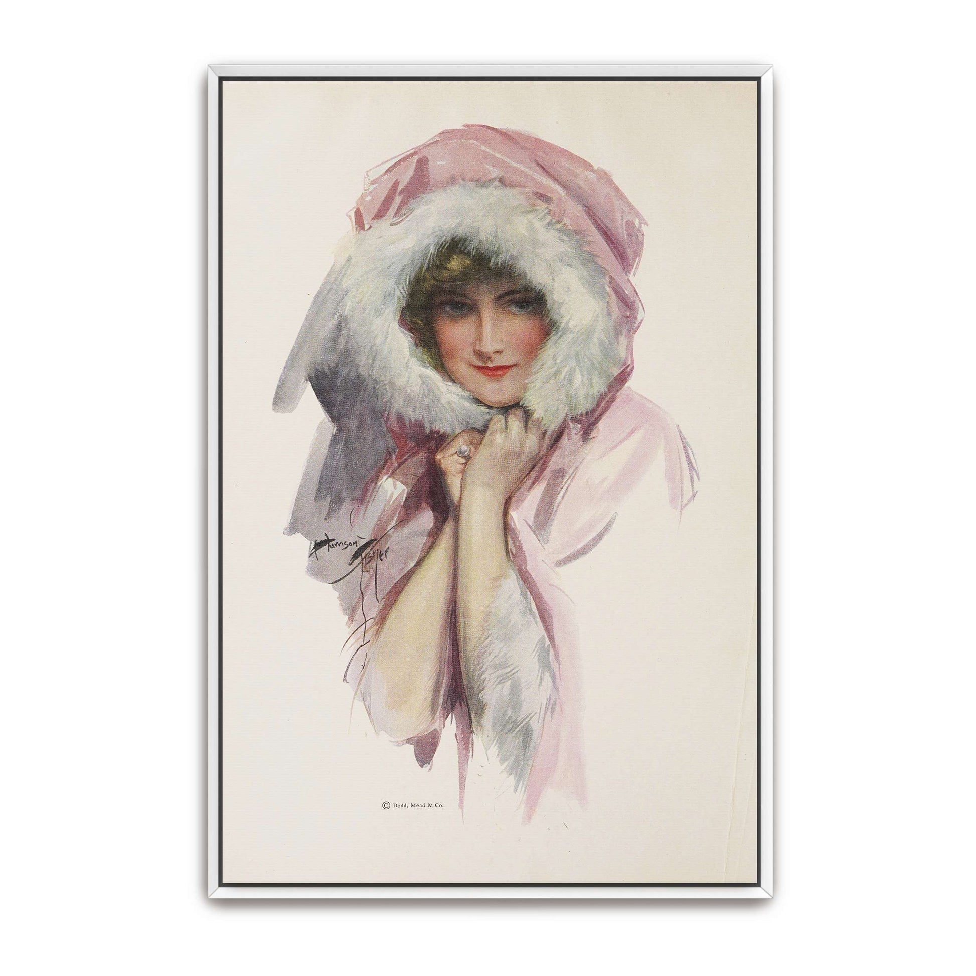 Woman In Pink Fur Hood, Romantic Portrait, Winter Fashion By Harrison Fisher
